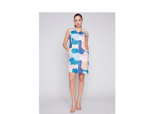Linen Dress in multi coloured summer abstract pattern by Charlie B Once426.com