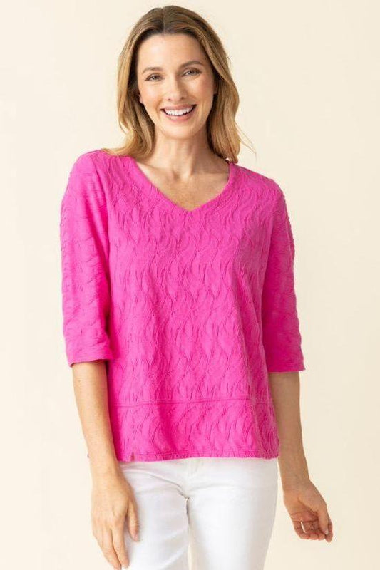 Women's Textured V Neck 100% Cotton Top in Berry by Habitat Clothing