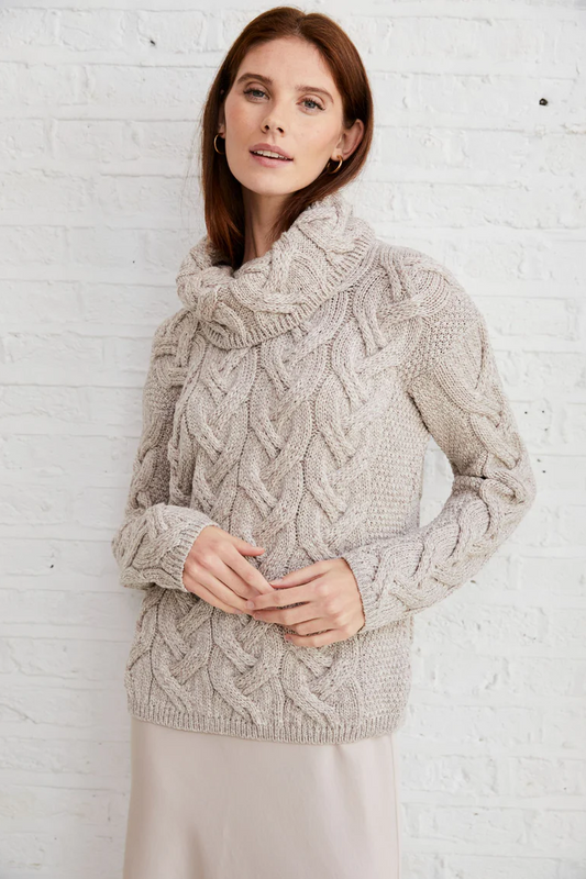 Kinsale Ladies Cable Aran Merino Wool Sweater in Oat by Aran Woolen Mills