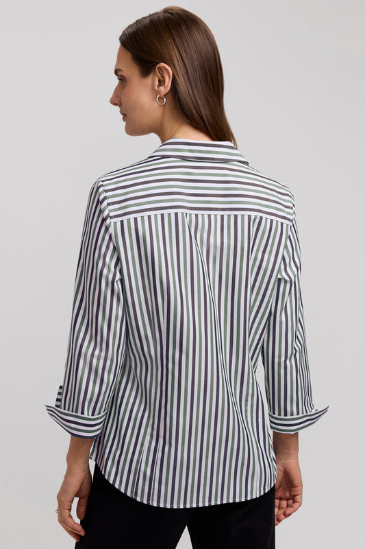 Meghan Long Sleeve Button Up Shirt in Striped Indigo by Foxcroft