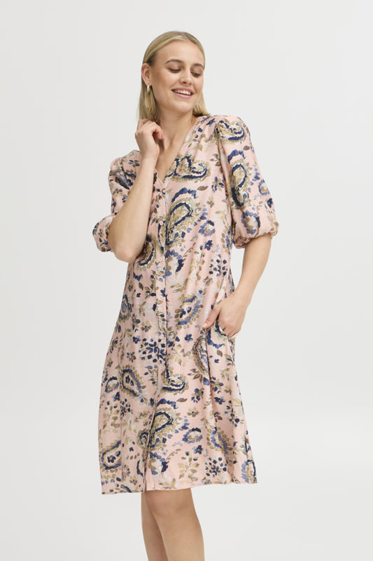 Women's Rose Smoke Floral Midi Dress – Elbow Sleeve Smocked Waist – Fransa Style 20615423