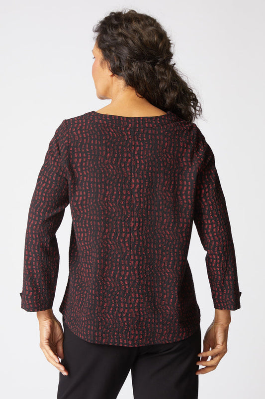 Women's Pucker Weave Mosaic Print Button Pullover Top in Wine by Habitat