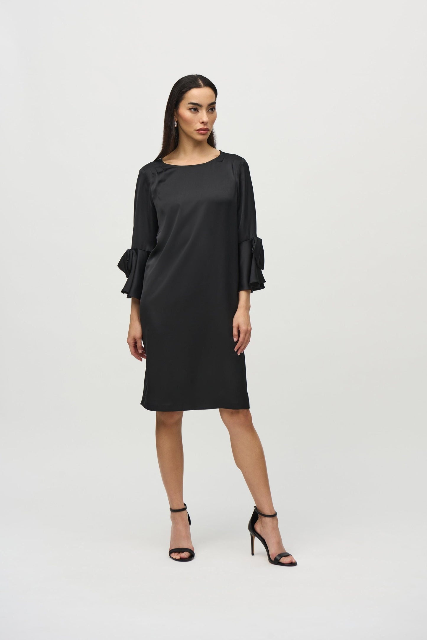Satin Ruffle Sleeve Straight Dress Black by Joseph Ribkoff