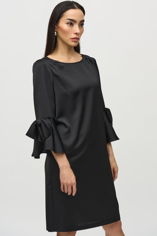 Satin Ruffle Sleeve Straight Dress Black by Joseph Ribkoff