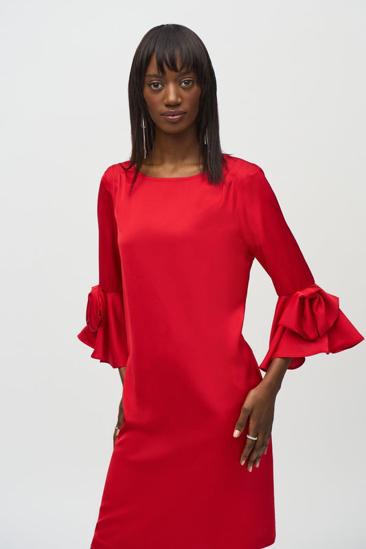 Satin Ruffle Sleeve Straight Dress in Red by Joseph Ribkoff