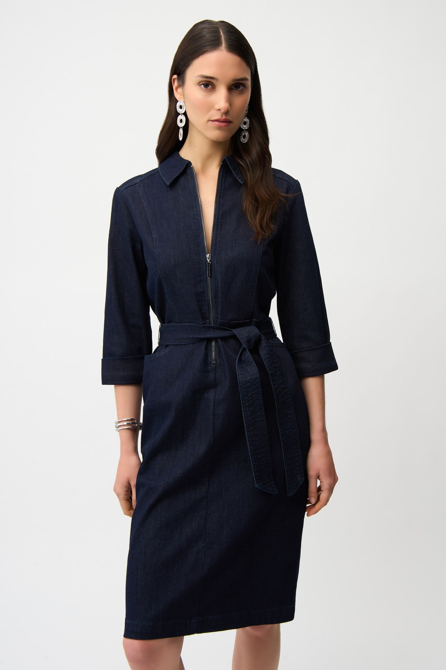 Effortless Belted Denim Dress in Dark Denim Blue by Joseph Ribkoff