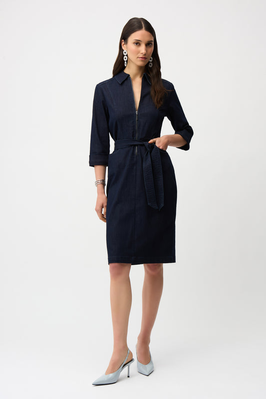 Effortless Belted Denim Dress in Dark Denim Blue by Joseph Ribkoff