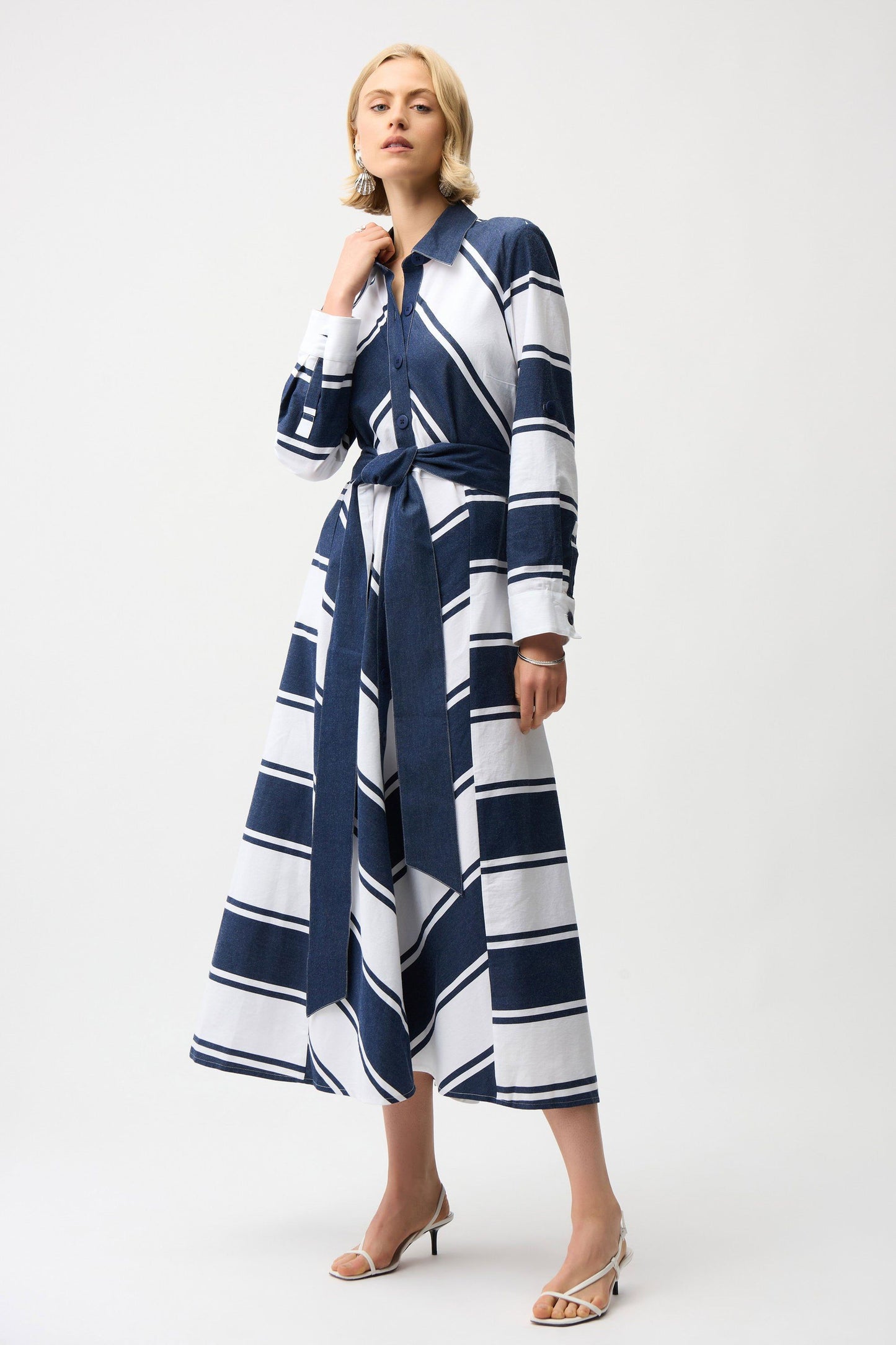 Cotton Stripe Print Fit and Flare Shirt Dress with Reversible Sash in Navy and White by Joseph Ribkoff