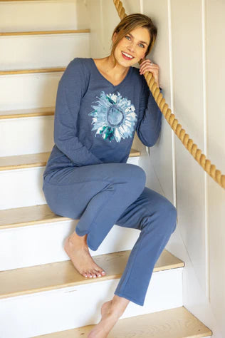 Women's Denim 100 % Peruvian Cotton Sunflower V Neck Top - Escape by Habitat