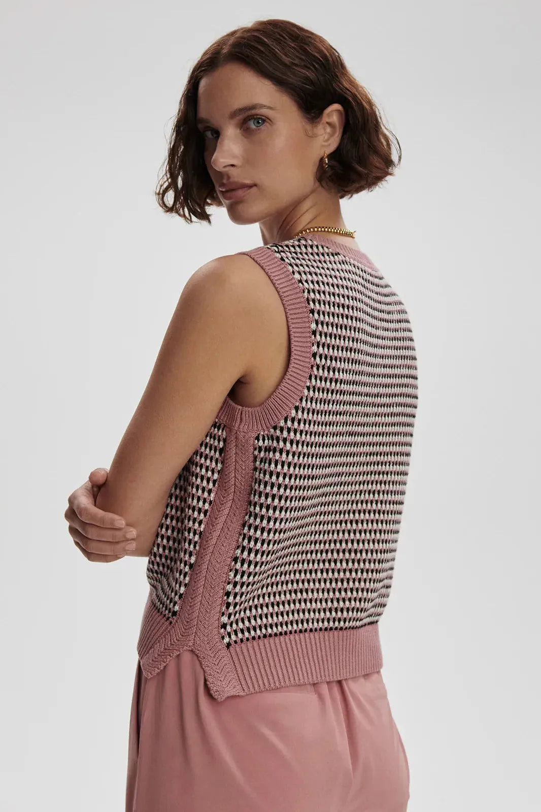 Knowles Textured Knit Vest in Woodrose Multi Stitch by Varley UK