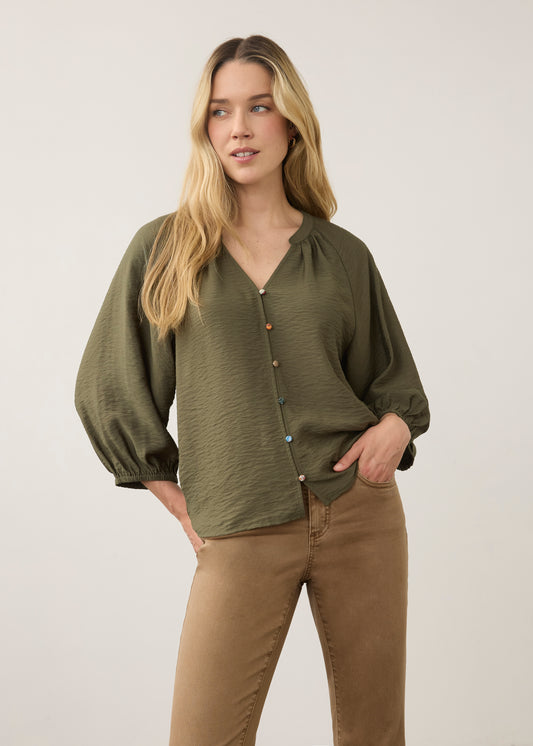 Button Up V Neck Shirt in Olive by French Dressing Jeans