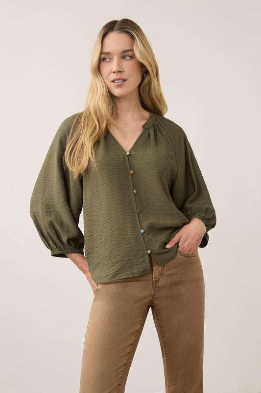 Button Up V Neck Shirt in Olive by French Dressing Jeans