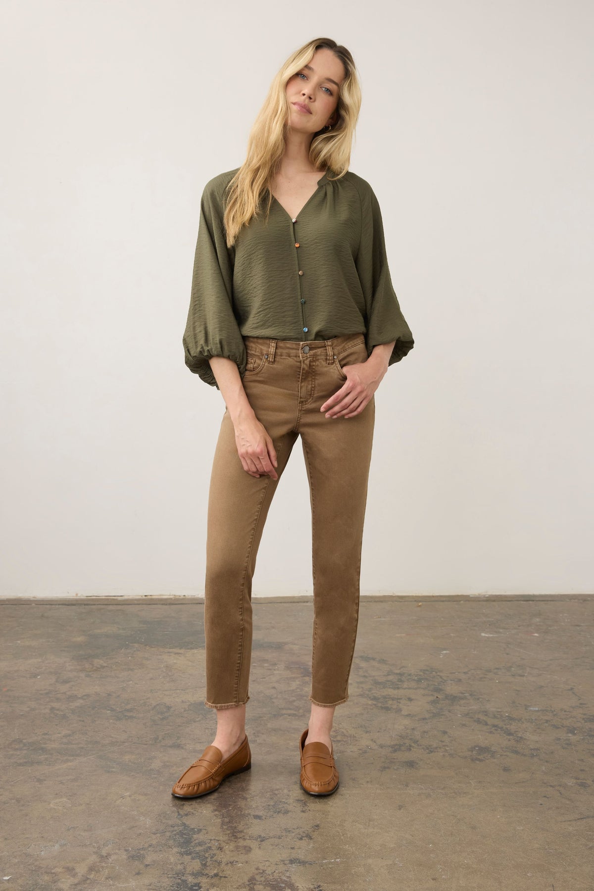 Button Up V Neck Shirt in Olive by French Dressing Jeans