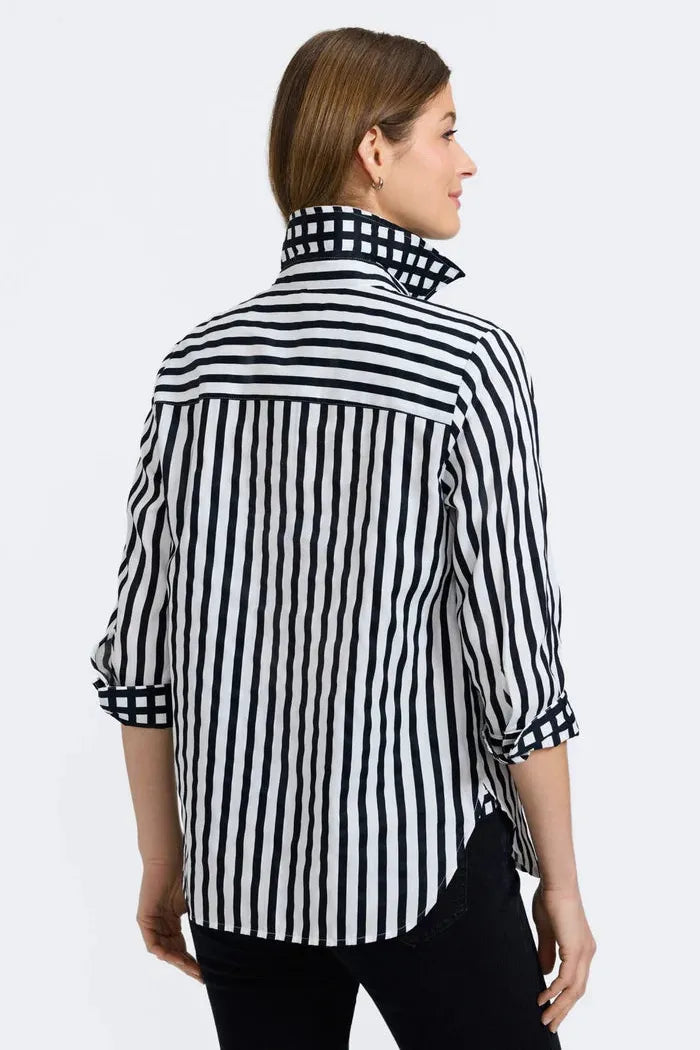 'Meghan' Black Stripe & Gingham 3/4 Sleeve Shirt by Foxcroft