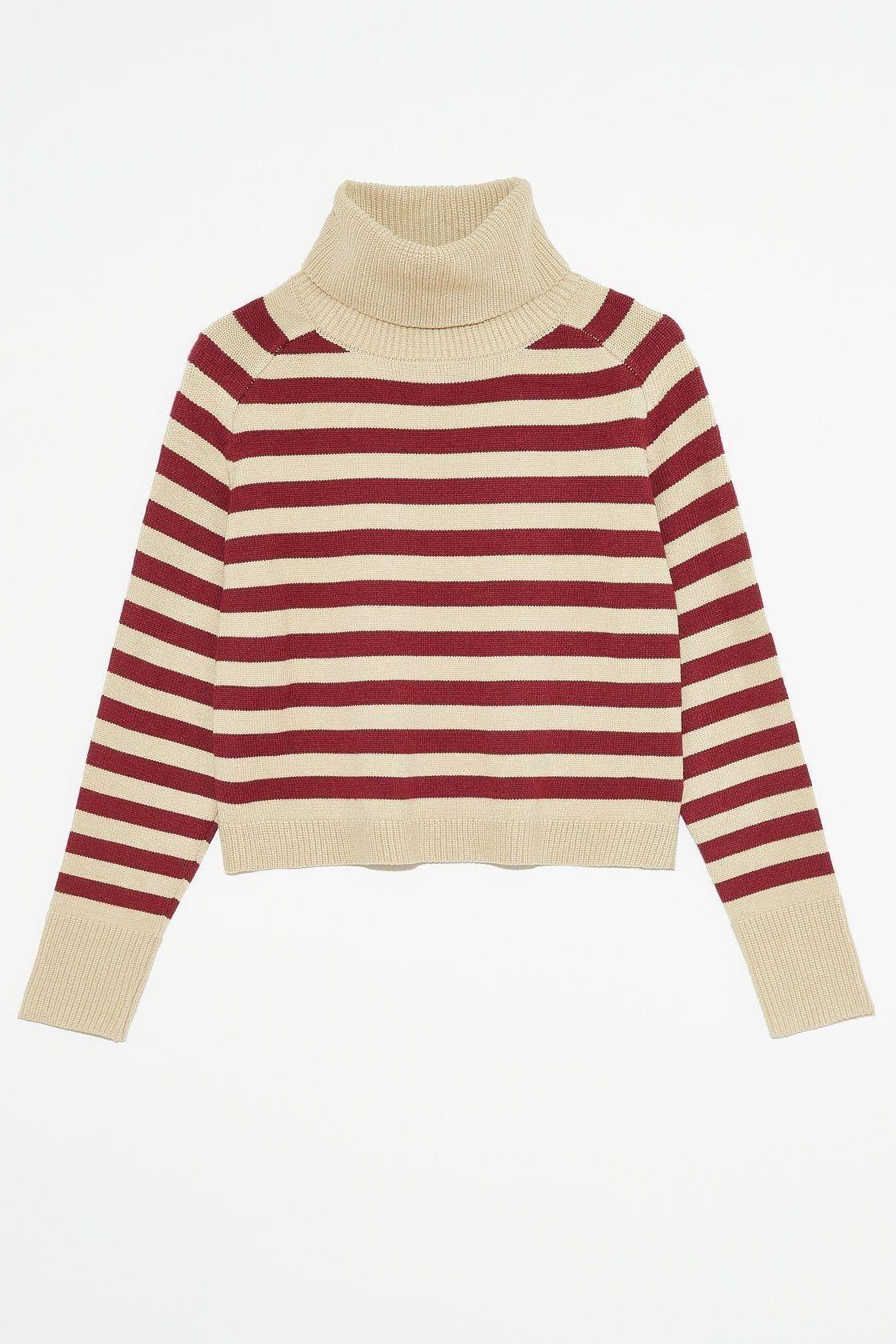 Women's Pugliese Cropped Striped Turtleneck Sweater in Bordeaux by Deluc