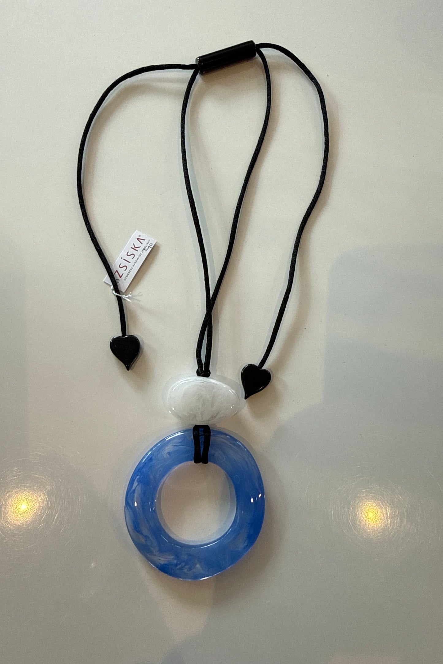 Organic Adjustable Cord Resin Blue Marbled Circle Pendant Necklace by Zsiska