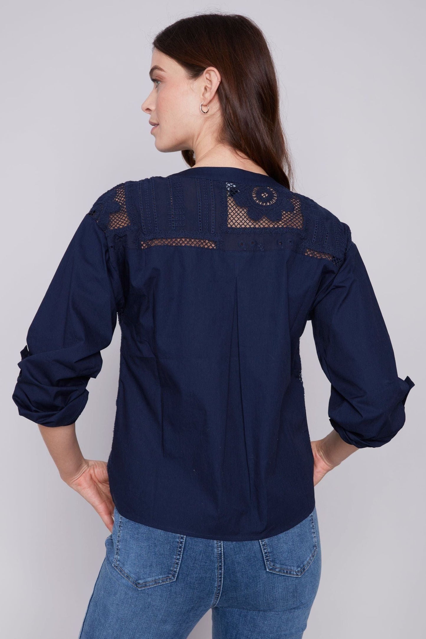 Final Sale Clearance No Return Long Sleeve Eyelet Shirt with Buttons in Marine Navy by Charlie B