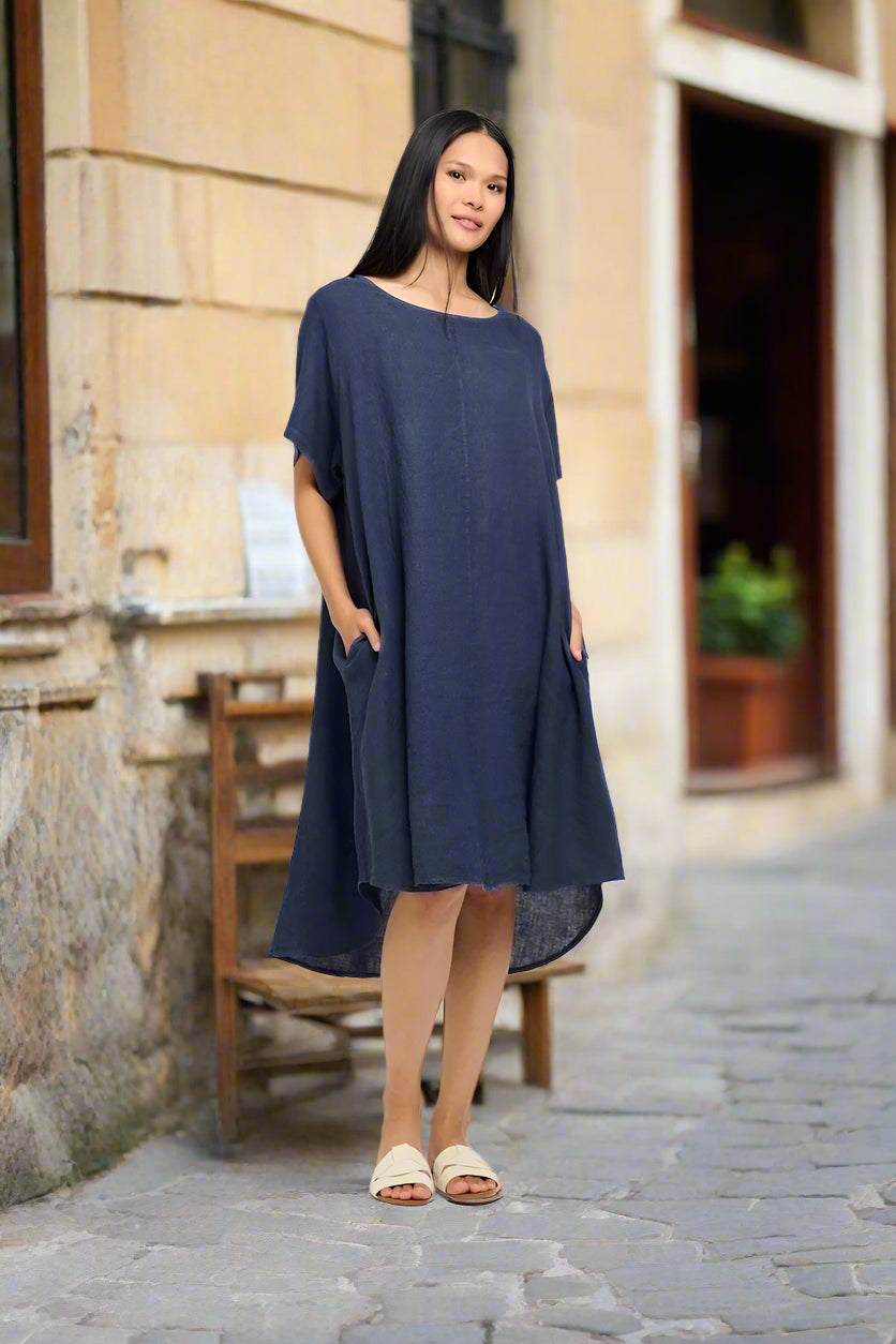 Women's Relaxed Linen Dress in Navy by Pistache Apparel Once@426 Boutique and Market Women's Relaxed Linen Dress in Navy by Pistache Apparel Once@426 Boutique and Market