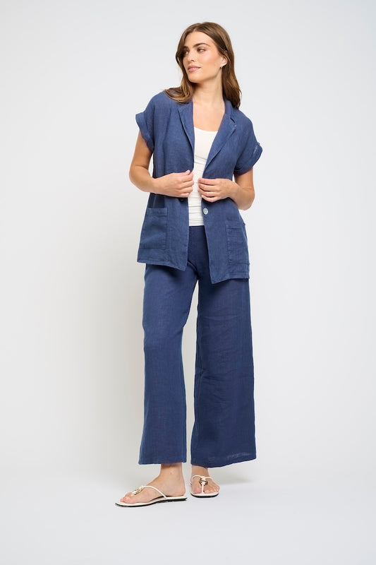Women's High Waisted Linen Pant in Navy by Pistache Apparel