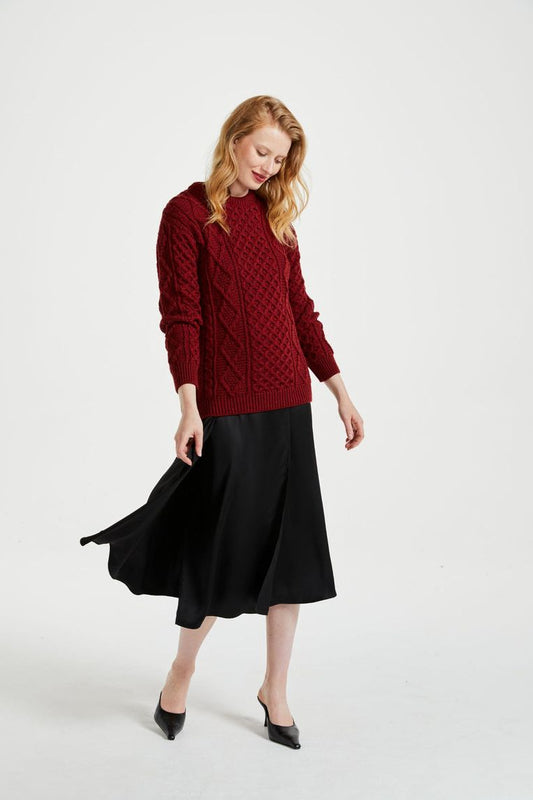 Éireann Ladies/Unisex Traditional Aran Superset Merino Sweater in Rua Red by Aran Woolen Mills