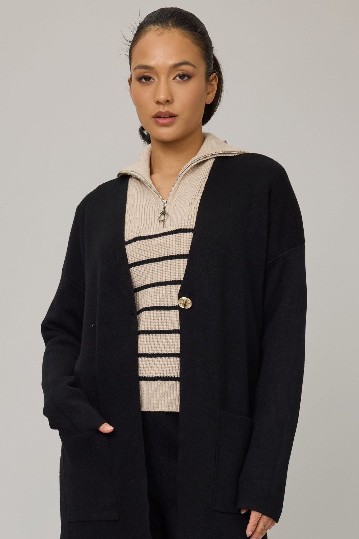 Women’s Comfort Rib Sweater with Zipper in Navy or Beige by Pistache Apparel