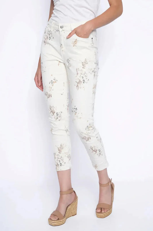 Floral Printed Denim Ankle Length Jeans in Beige Multi by Picadilly Canada