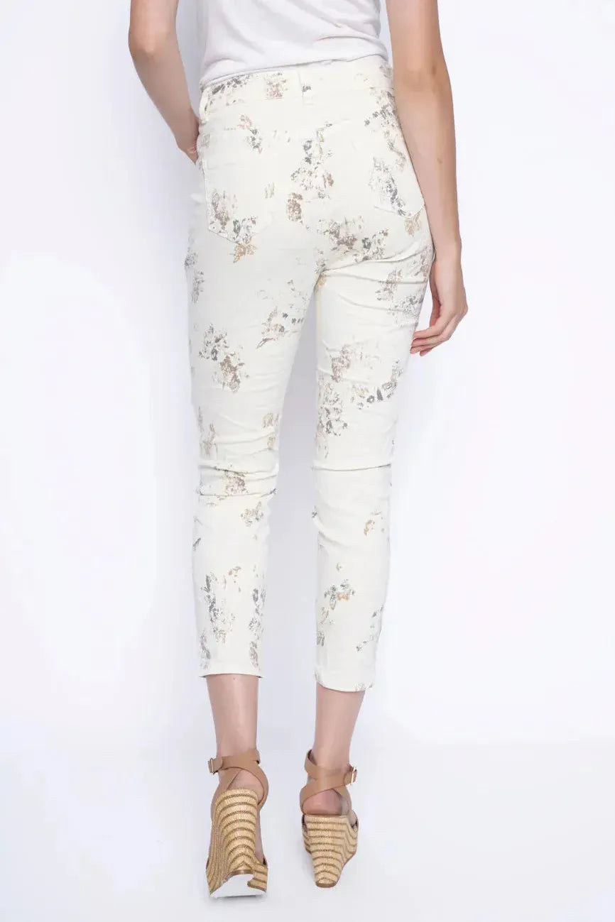 Floral Printed Denim Ankle Length Jeans in Beige Multi by Picadilly Canada