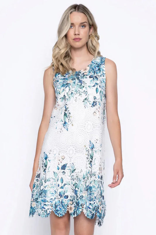 Sleeveless Printed Lace Dress (Jade Multi) by Picadilly Canada