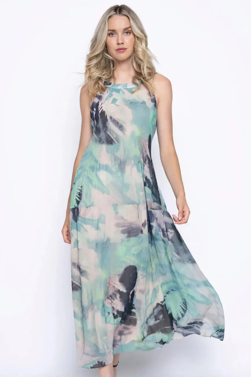 Sleeveless Pleated Chiffon Maxi Dress in a Jade Green Multi by Picadil Once@426 Boutique and Market Sleeveless Pleated Chiffon Maxi Dress in a Jade Green Multi by Picadil Once@426 Boutique and Market