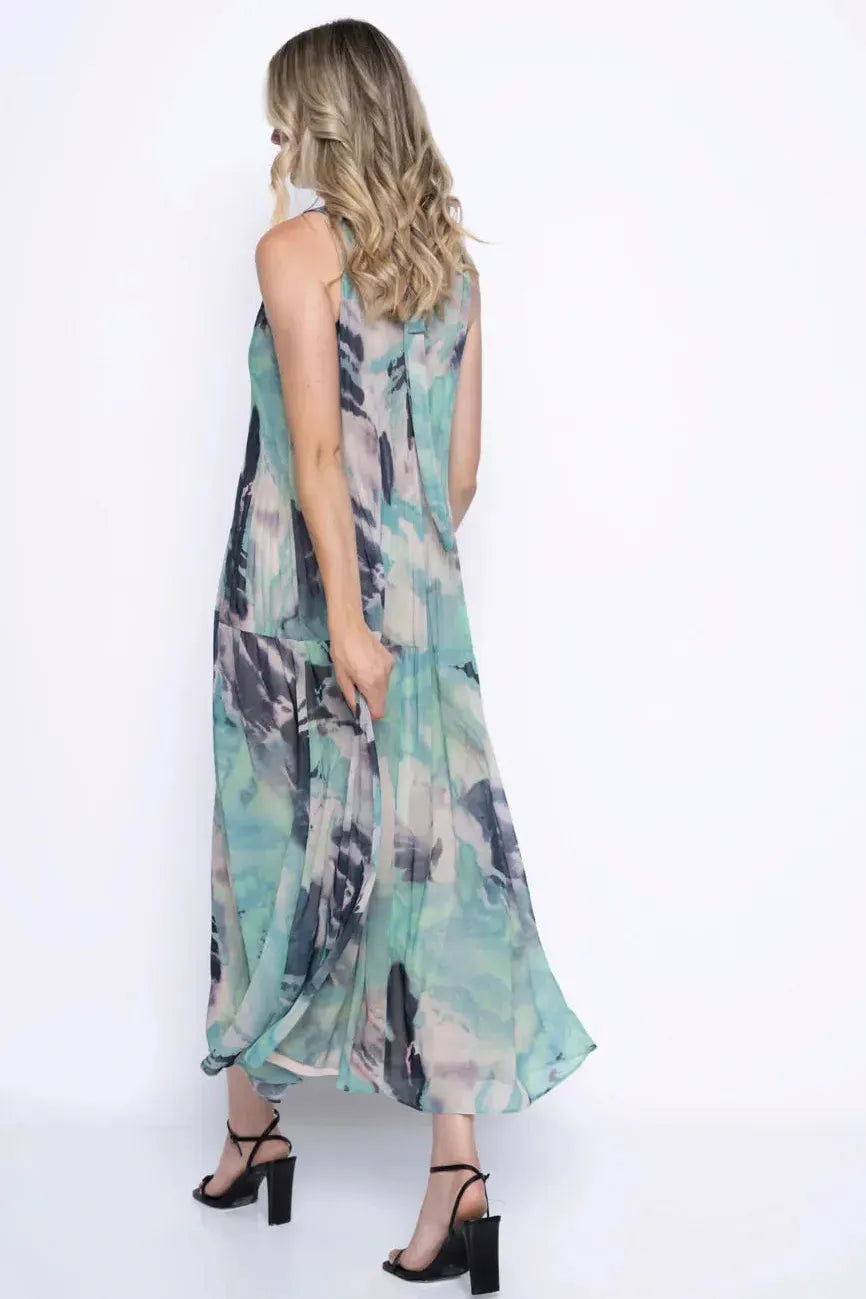 Sleeveless Pleated Chiffon Maxi Dress in a Jade Green Multi by Picadilly Canada