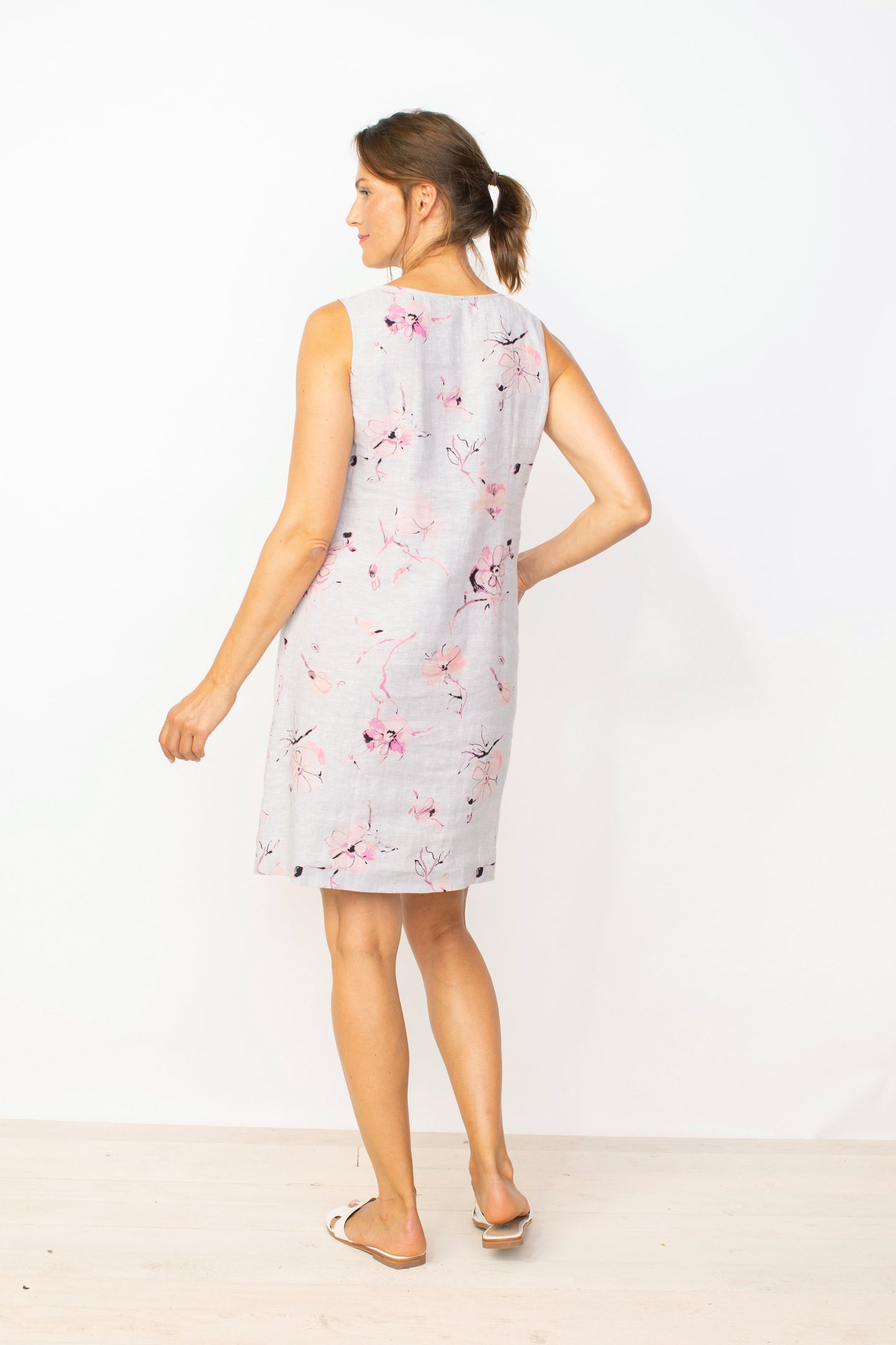 Easy Linen Floral Dress with Pink Floral on Gull Grey - Habitat Clothing