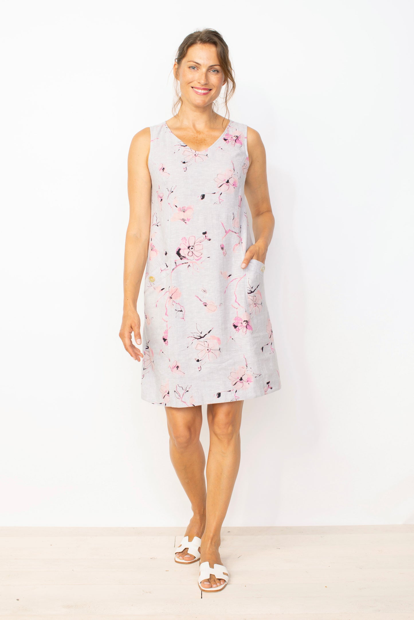 Easy Linen Floral Dress with Pink Floral on Gull Grey - Habitat Clothing