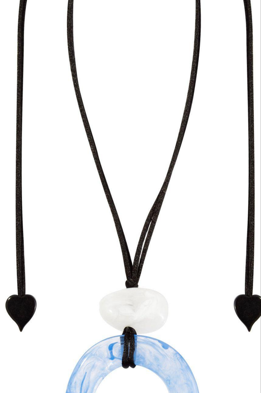 Organic Adjustable Cord Resin Blue Marbled Circle Pendant Necklace by Zsiska