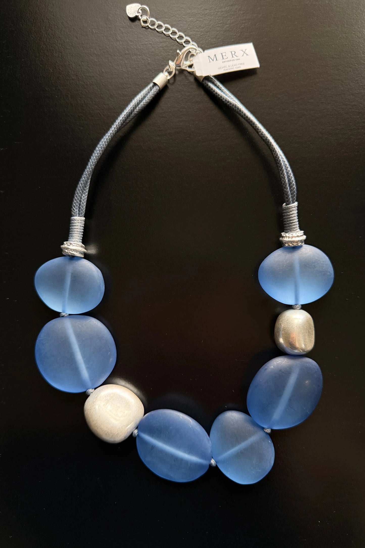 Blue Resin Organic Shapes with Matte Silver Accents on Blue Cord by Merx