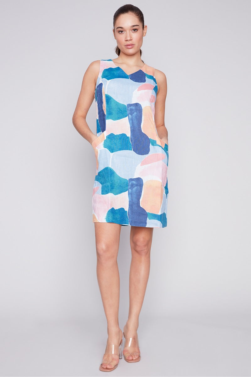 V Neck Linen Dress in Abstract Print - Charlie B