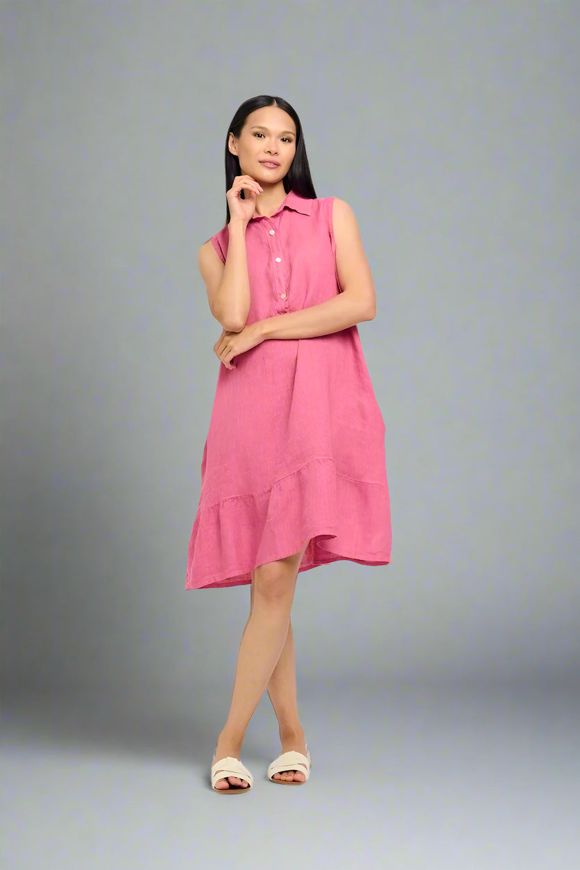 Women's Linen Sleeveless Flared Shirt Dress in Strawberry by Pistache Apparel