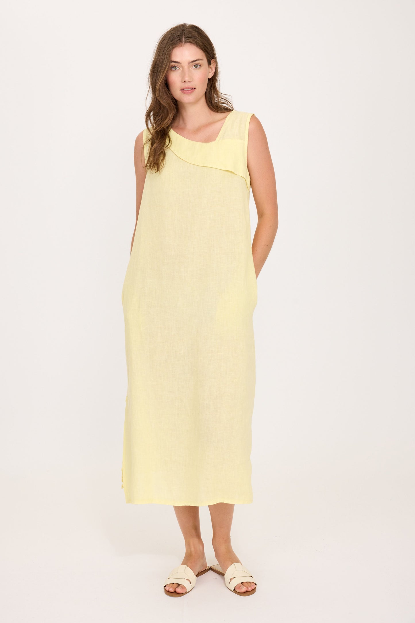 Women's Asymmetrical Maxi Linen Dress in Airy Yellow by Pistache Apparel