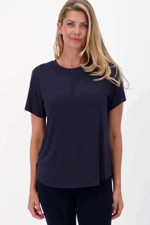 Women's Long Round Neck T Shirt Essentials by Spanner in Navy