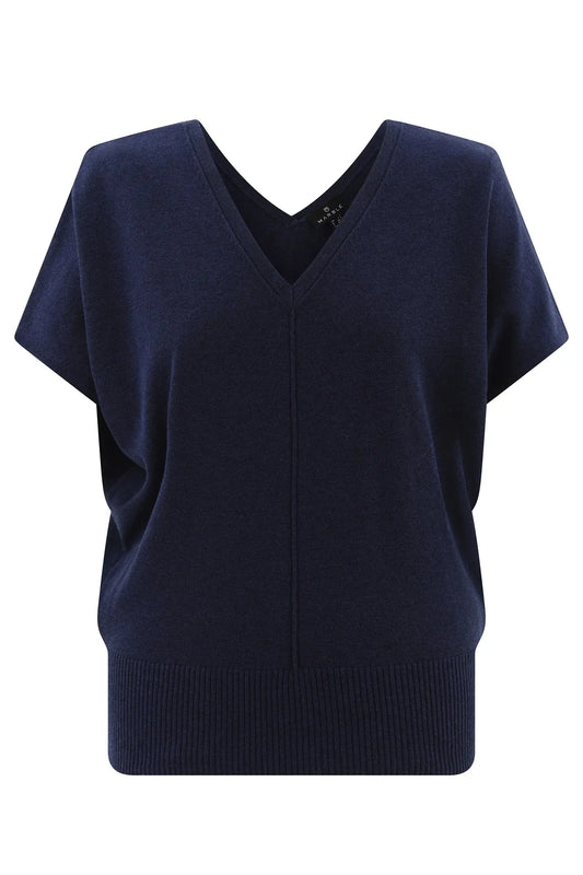 Relaxed Fit V-Neck Short Sleeve Reversible Button Sweater in Navy by Marble Scotland