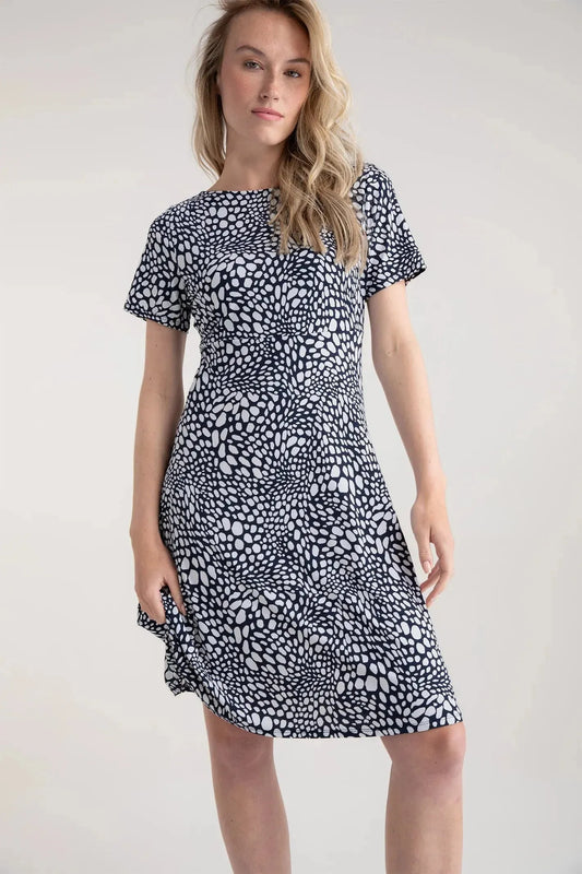Short Sleeve Pebble Print Dress in Navy by Marble Scotland
