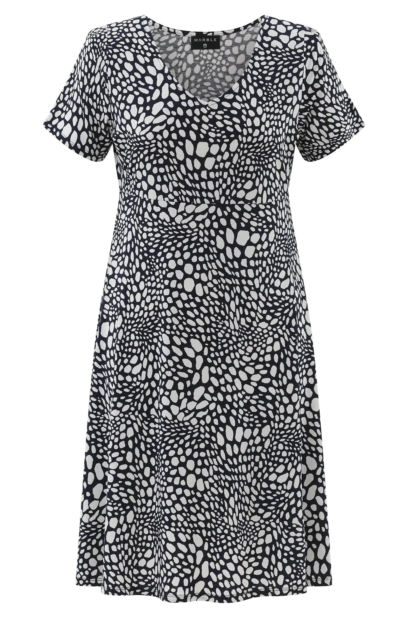 Short Sleeve Pebble Print Dress in Navy by Marble Scotland