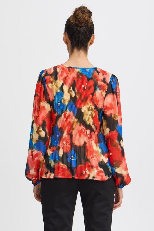 Reds and Blues Floral Tie Long Sleeve Blouse
