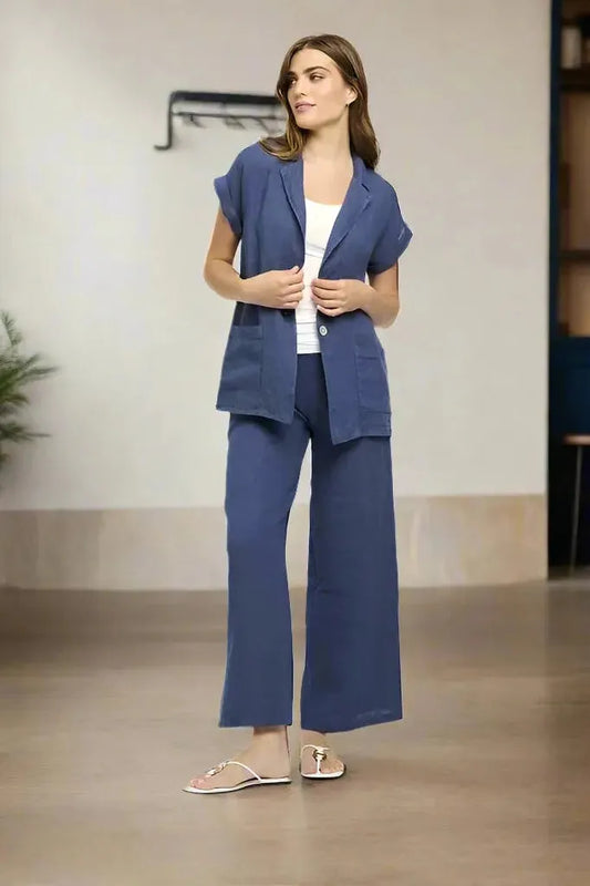 Women's Short Sleeve Linen Blazer by Pistache Apparel in Black or Navy