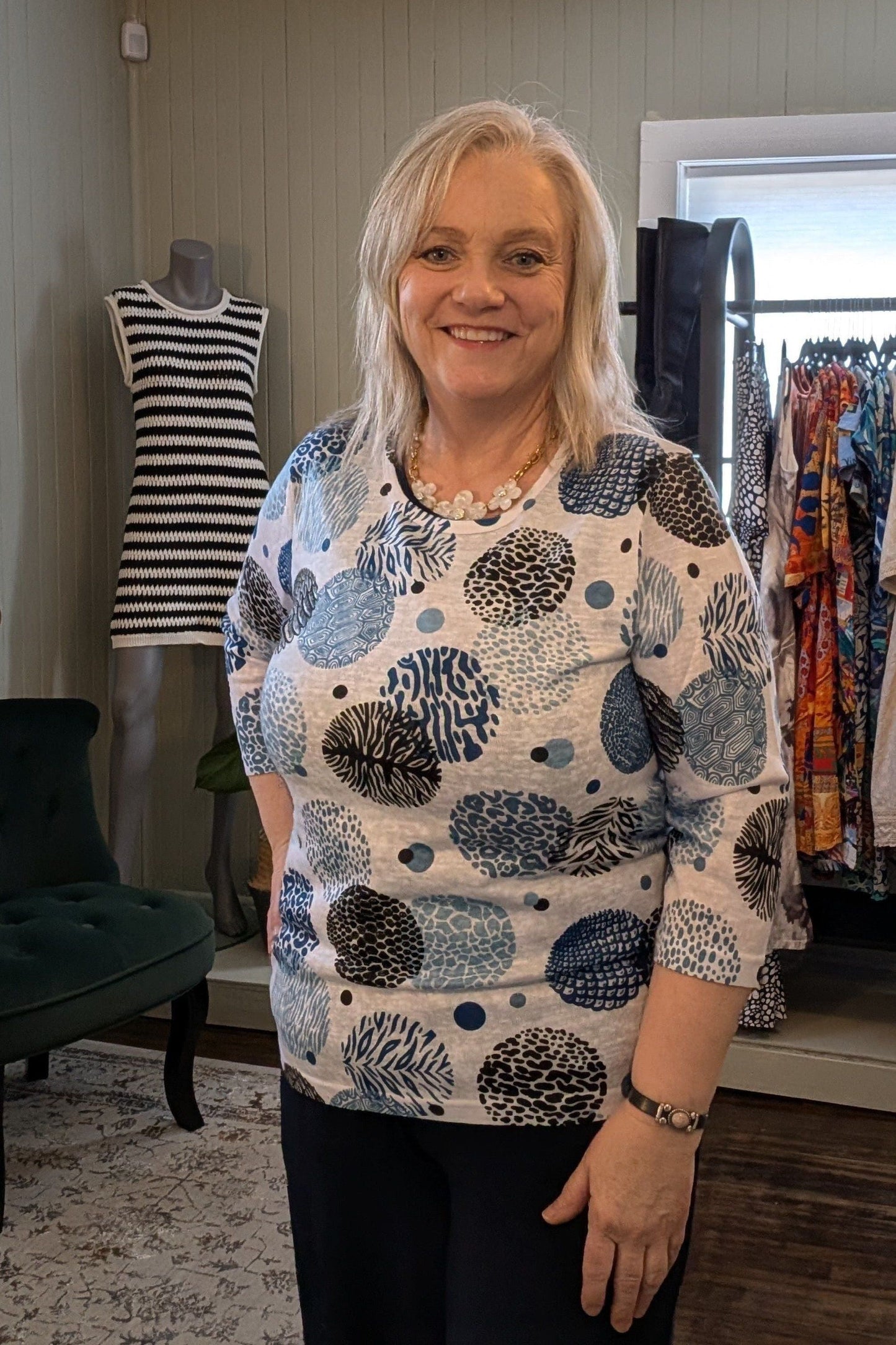 Abstract Circles in Blue 3/4 Sleeve T Shirt-Final Sale No Return