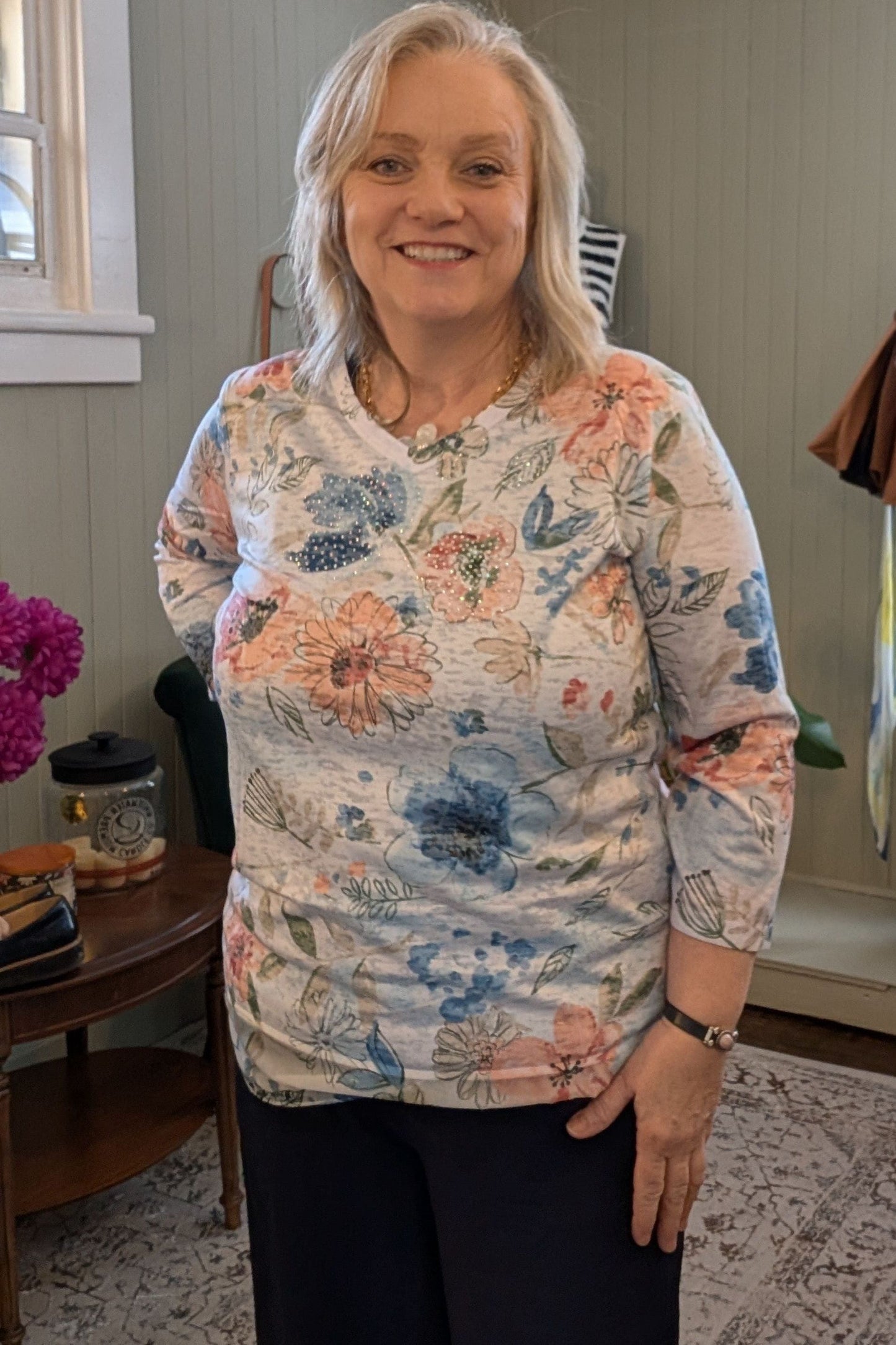 Floral Leaf Print 3/4 Sleeve Florals with Sparkle Detail