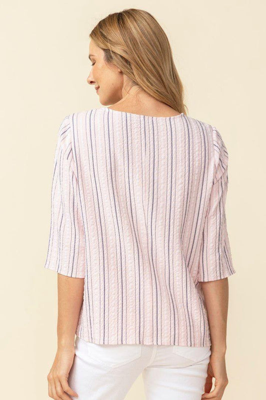 Striped Crepe 3/4 Sleeve On Deck Top in Carnation Pink by Habitat Clothes