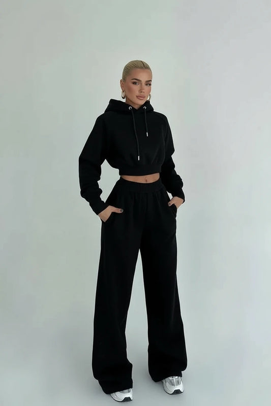 Women's Oversized Wide Leg Pant and Cropped Hoodie Matching Set in Black