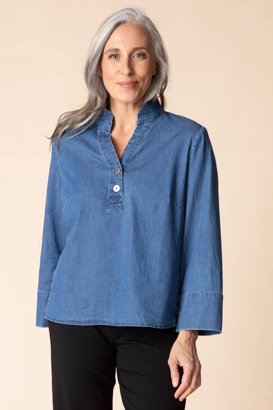 Women's Stretch Denim Henley Top in Medium Blue by Habitat Clothing