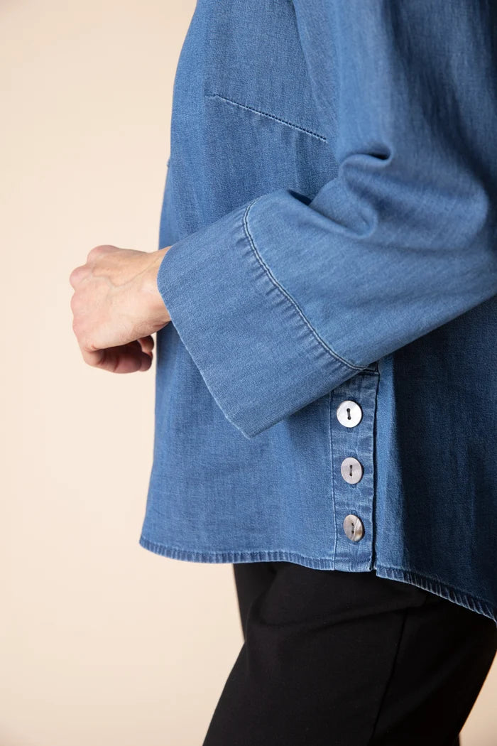 Women's Stretch Denim Henley Top in Medium Blue by Habitat Clothing