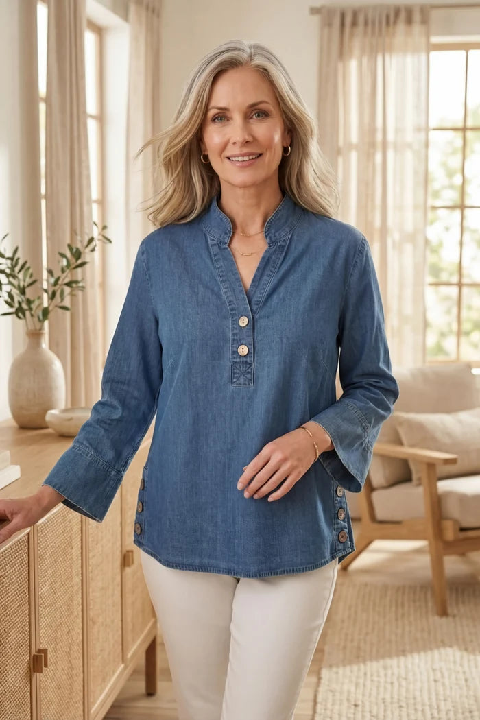 Women's Stretch Denim Henley Top in Medium Blue by Habitat Clothing